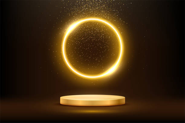 istock Gold podium for product presentation with yellow neon circle vector illustration. Abstract empty golden award platform with neon glowing round frame and rays, glitter confetti sparkle rain falling 1469845204