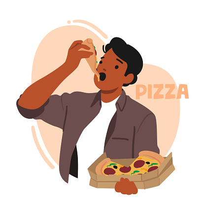Man Enjoying Delicious Slice Of Pizza, With Melted Cheese And Savory Toppings. Male Character in Pizza Restaurant, Food Delivery Services, Or Snack Food Products. Cartoon People Vector Illustration