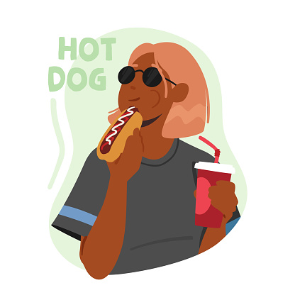Woman Enjoying Delicious Hot Dog And Sipping Soda. Young Relaxed Female Character with Fast Food And Beverage Isolated on White Background. Cartoon People Vector Illustration