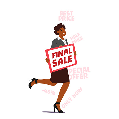 Forceful Promoter Female Character Run with Banner in hands Aggressively Promoting Final Sale, Trying To Persuade Potential Customers To Make A Purchase. Cartoon People Vector Illustration