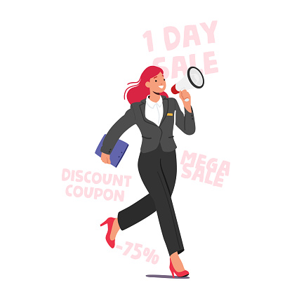Forceful Promoter Female Character with Megaphone Making Enticing Claims Of Perks And Presents. Aggressive Sales, Social Spam, Assertive, Insistent And Overbearing Promo. Cartoon Vector Illustration