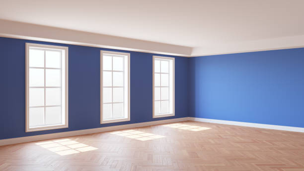istock Sunny Room Interior with Blue Walls, Three Large Windows, White Ceiling 1469846066