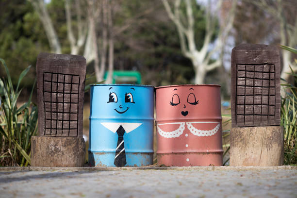 Bin, Trash Can, Colored Trash Cans, Cute Garbage Containers In The Park