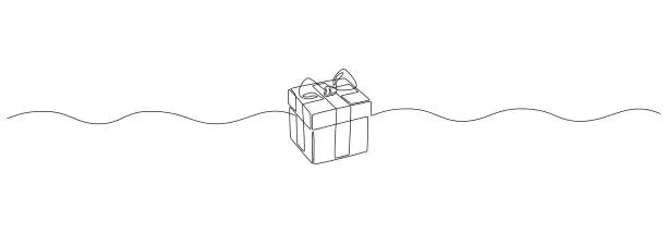 Vector illustration of One Continuous line drawing of Christmas Present box with ribbon and bow. Festive gift and Wrapped birthday surprise package in simple linear style. Doodle vector illustration