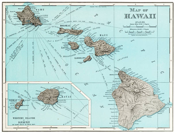 ilustrações, clipart, desenhos animados e ícones de mapa das ilhas do havaí 1899 - molokai