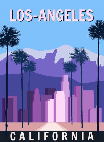 Los Angeles retro poster, downtown, cityscape. Vintage, scene California street, vector illustration