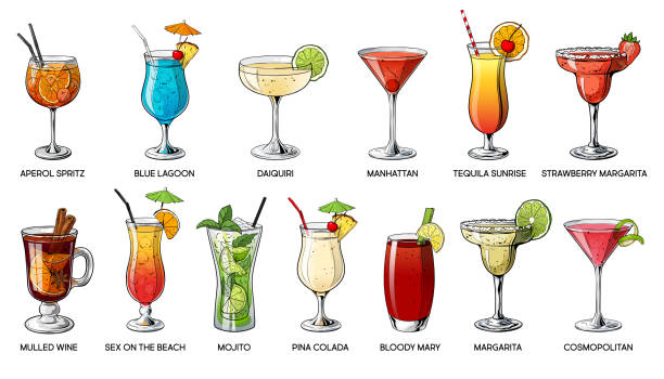 Set of tropical cocklails. Summer alcoholic holiday and beach party drinks. Mojito, daiquiri, manhattan, tequila sunrise, bloody mary, margarita, pina colada, blue lagoon etc. Vector illustration Set of tropical cocklails. Summer alcoholic holiday and beach party drinks. Mojito, daiquiri, manhattan, tequila sunrise, bloody mary, margarita, pina colada, blue lagoon etc. Vector illustration. tequila sunrise stock illustrations