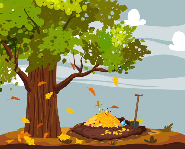 istock Treasure pile under oak tree, full of treasures, gold coins, Digging Hole in the ground, 1469858696