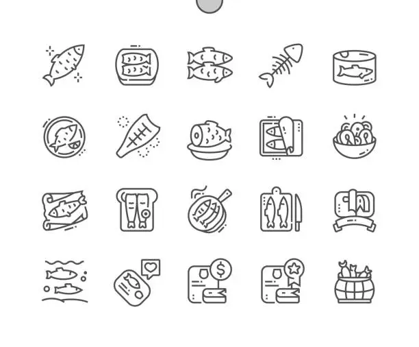 Vector illustration of Herring. Marine, fish, seafood. Food shop, supermarket. Menu for cafe. Pixel Perfect Vector Thin Line Icons. Simple Minimal Pictogram