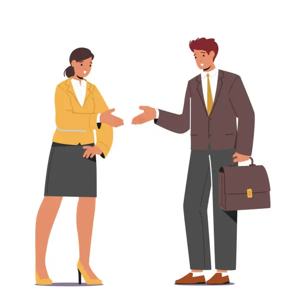 Vector illustration of Man And Woman Characters Shaking Hands Engaging In Conversation, Chatting As Colleagues, Building Connection