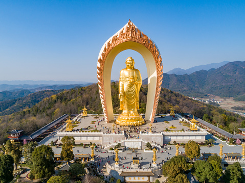 Aerial photography of golden stupas, ancient architecture of Chinese temples