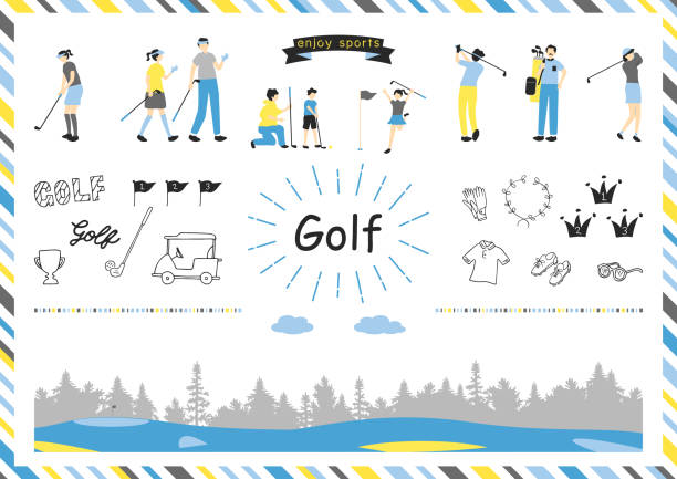 illustrazioni stock, clip art, cartoni animati e icone di tendenza di illustrazione del set di icone del golf e golfista - golf golf club golf course teeing off