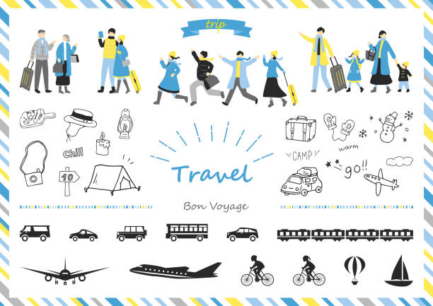 ilustrações de stock, clip art, desenhos animados e ícones de set illustration of traveling people and traffic icons - balloon child winter snow