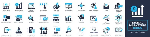 Vector illustration of Digital marketing icons set. Containing accounting, analystic, customer, feedback, business, content and more solid icons collection. Vector illustration. For website design, logo, app, template, ui, etc.