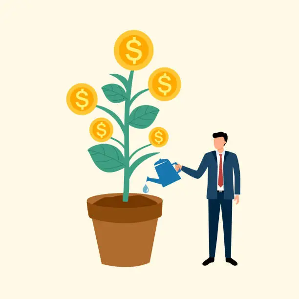 Vector illustration of Businessman watering money plant in flat design. Growing money.