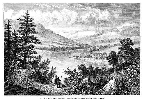 Delaware Water Gap National Recreation Area straddles a stretch of the Delaware River on the New Jersey and Pennsylvania border, USA. Miles of trails include a section of the Appalachian National Scenic Trail. Pen and pencil illustration engravings, published 1872. This edition edited by William Cullen Bryant is in my private collection. Copyright is in public domain.