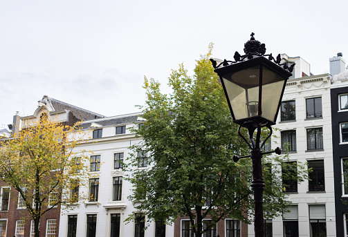 A street light during the day in front of a row of beautiful old buildings with trees in the Grachtengordel neighborhood of Amsterdam in the Netherlands