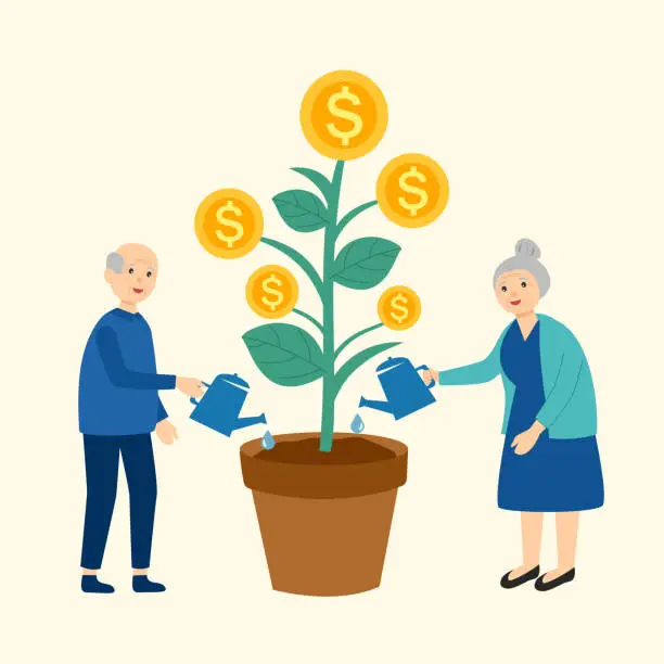 Vector illustration of Elderly couple watering money plant in flat design. Retirement plan concept vector illustration.