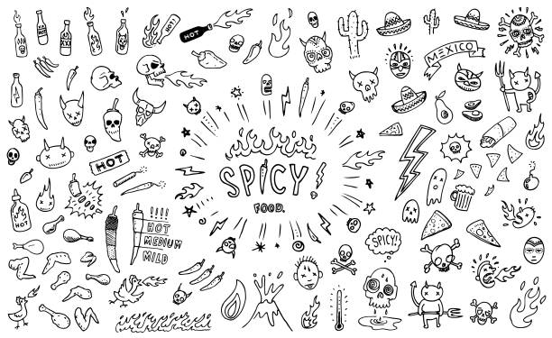 Spicy Mexican food doodle drawings Spicy hot hand drawn style Mexican food and hot sauce doodle sketches vector illustration pen and ink stock illustrations