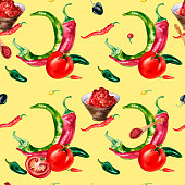 istock Chili hot peppers and tomatoes watercolor seamless pattern isolated on ocher. 1469874328