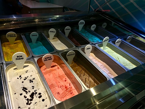 Colourful Ice Cream in ice cream shop Soft Touch in Medellín Colombia. With more than 14 ice cream flavours on a very hot day