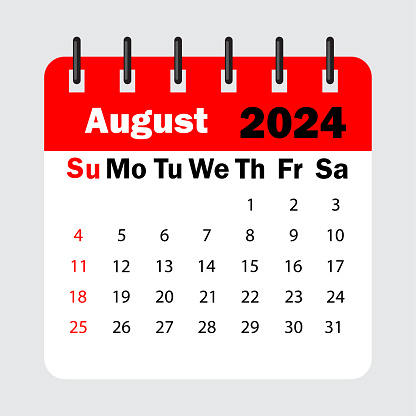 red calendar leaf spring. August 2024 calendar. Calendar sheet with days of the week. Vector illustration. EPS 10.