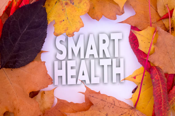 istock Autumn leaves, objects with Smart Health text. Natural patterns, color design. 1469877788