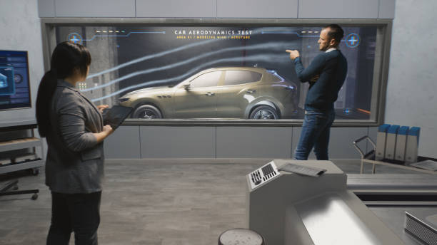 istock Engineers check aerodynamics of electric car 1469879409