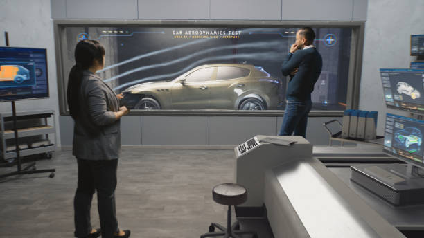 istock Engineers check aerodynamics of electric car 1469879444