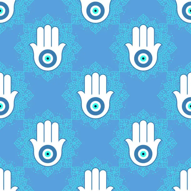 Vector illustration of Background with ornate  hamsa, obereg against the evil eye and spoilage.