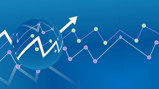 abstract financial background with arrows and chart graphs on blue background