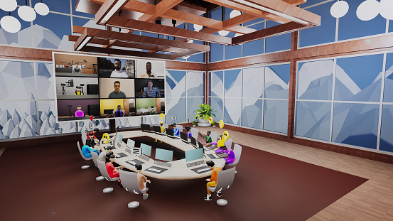 3D render of business meeting in futuristic virtual office with computers. 3D avatars with icons discuss business strategy with real people by video. Concept of metaverse, digital world and technologies of future.
