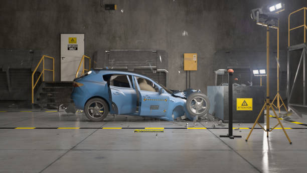 animación 3d de la prueba de choque automovilístico en un laboratorio - equipo de formación fotografías e imágenes de stock