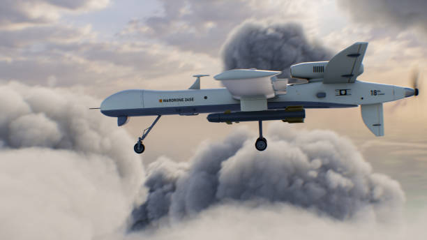 3D animation of drone launching missiles 3D animation of military remotely-piloted drone flight. Combat drone launches missiles to hit military targets. Cloudy sky on background. Concept of using modern UAV technology for military battles. unmanned aerial vehicle stock pictures, royalty-free photos & images