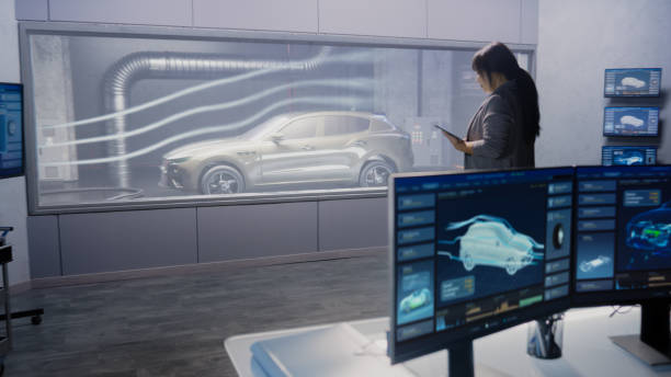 istock Engineers check aerodynamics of electric car 1469882966