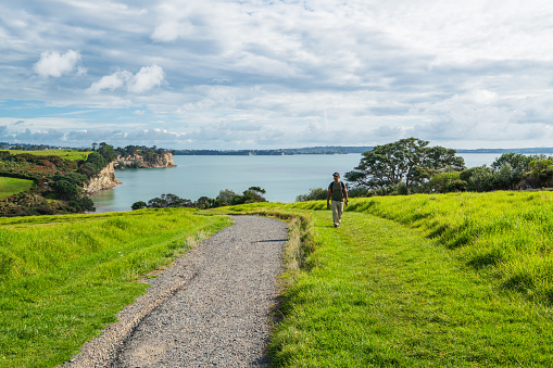 Man outdoor hiking through a trail in Auckland, New Zealand.