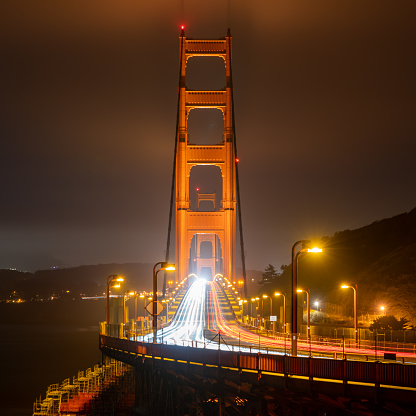 Golden gate bridge at night. Long exposure photography.