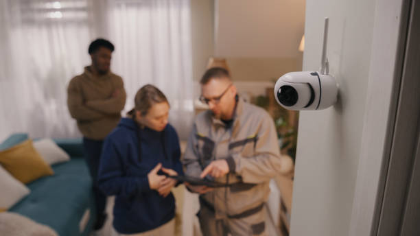 установщик настраивает камеру безопасности для семьи - security camera installing security system security стоковые фото и изображения