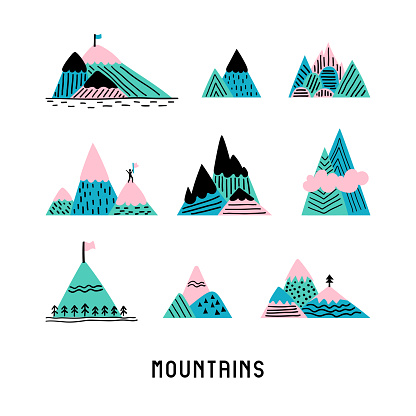 Set of mountains on white background. Colorful flat illustration with different hills