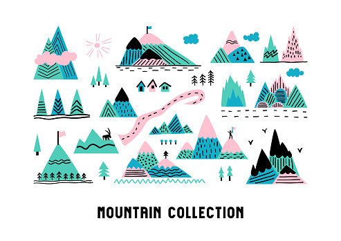 Big mountain collection. Simple childish vector flat illustration with hills, trees, houses, clouds, birds