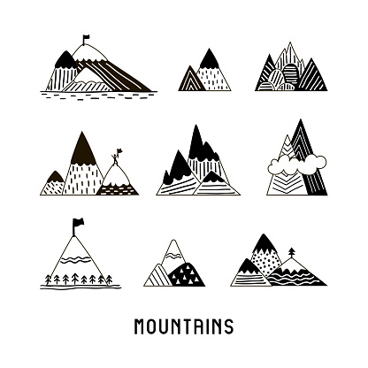 Set of mountains on white background. Black and white flat illustration with different hills