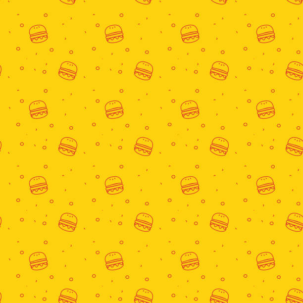 illustrazioni stock, clip art, cartoni animati e icone di tendenza di modello senza cuciture divertente e moderno di un panino per hamburger su un'illustrazione stock di sfondo arancione brillante funky - seamless restaurant vegetable tomato