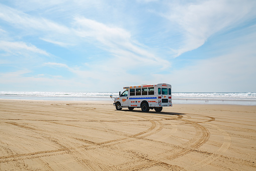 Oceano, California, USA - February 27,  2022.  Dune buggy off road tour bus. Oceano Dunes State Vehicular Recreation Area in Oceano, California.