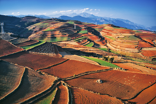 Aerial view of Scenery of red soil in Dongchuan, Yunnan,China.