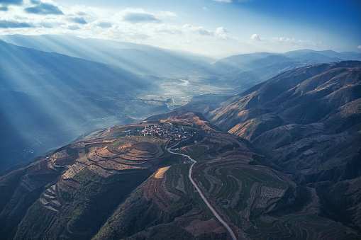 Aerial view of Scenery of red soil in Dongchuan, Yunnan,China.