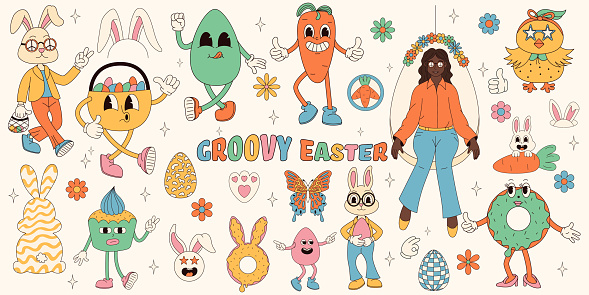 Groovy hippie Happy Easter set. Easter bunny, eggs, butterflies, cupcakes, chickens. Set of cartoon characters and elements in trendy retro 60s 70s cartoon style