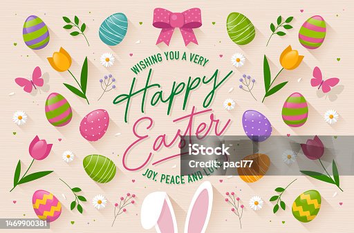 istock Easter greeting cards with text Happy Easter joy, peace and love. 1469900381