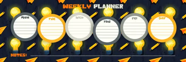 Vector illustration of Week planning concept in cartoon style. To-do list with a decision on the background of a burning light bulb and paper notes. Seamless creative background + weekly.