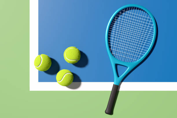 three tennis balls and tennis racket on blue tennis court with lines. 3d rendering. flat lay overhead view. - tennis court tennis ball racket imagens e fotografias de stock
