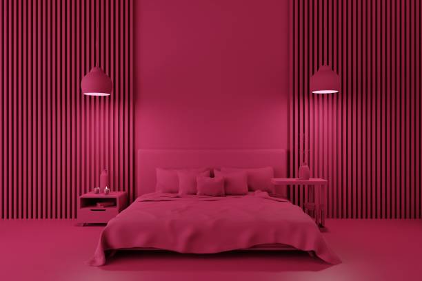 istock Modern bedroom interior in magenta monochrome color, metaverse virtual interior concept 1469904273